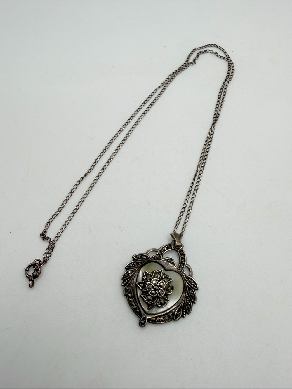 Antique 18.25" Marcasite and Mother of Pearl heart necklace in sterling silver!